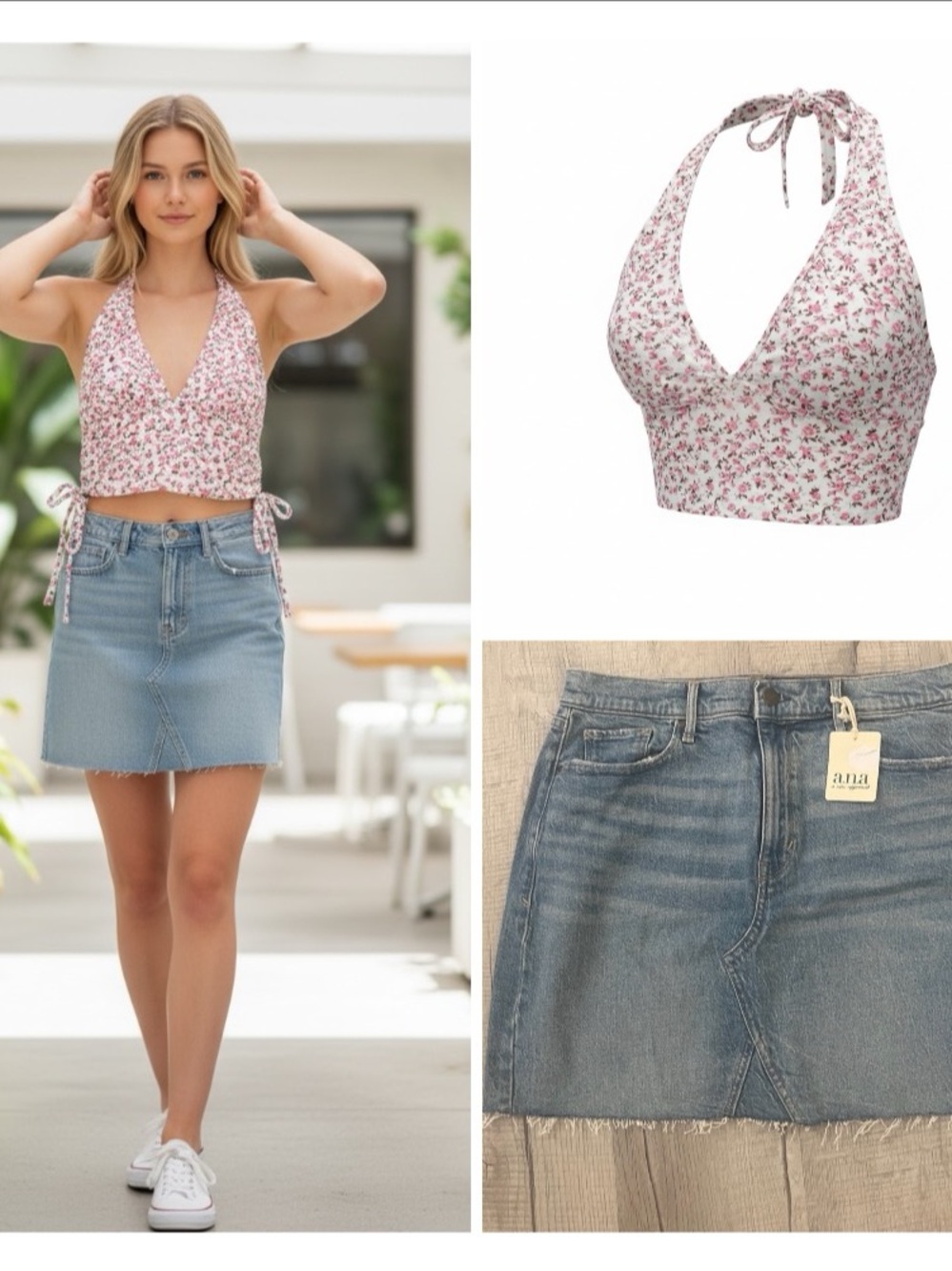 a.n.a NWT Denim Mini Skirt & SHEIN Pink Floral Halter Crop Top Set